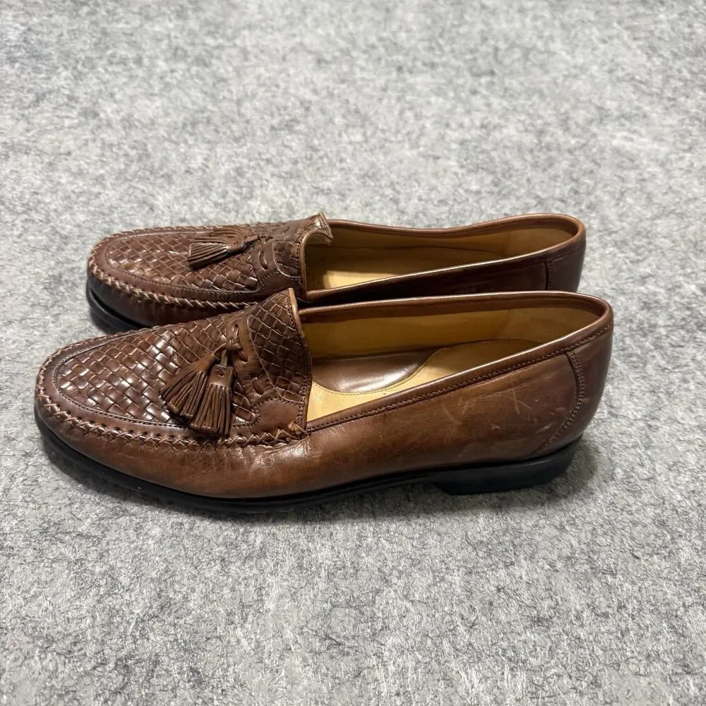 Johnston & Murphy Men 9 M Brown Woven Leather Tassel Loafers Shoes 15-0676